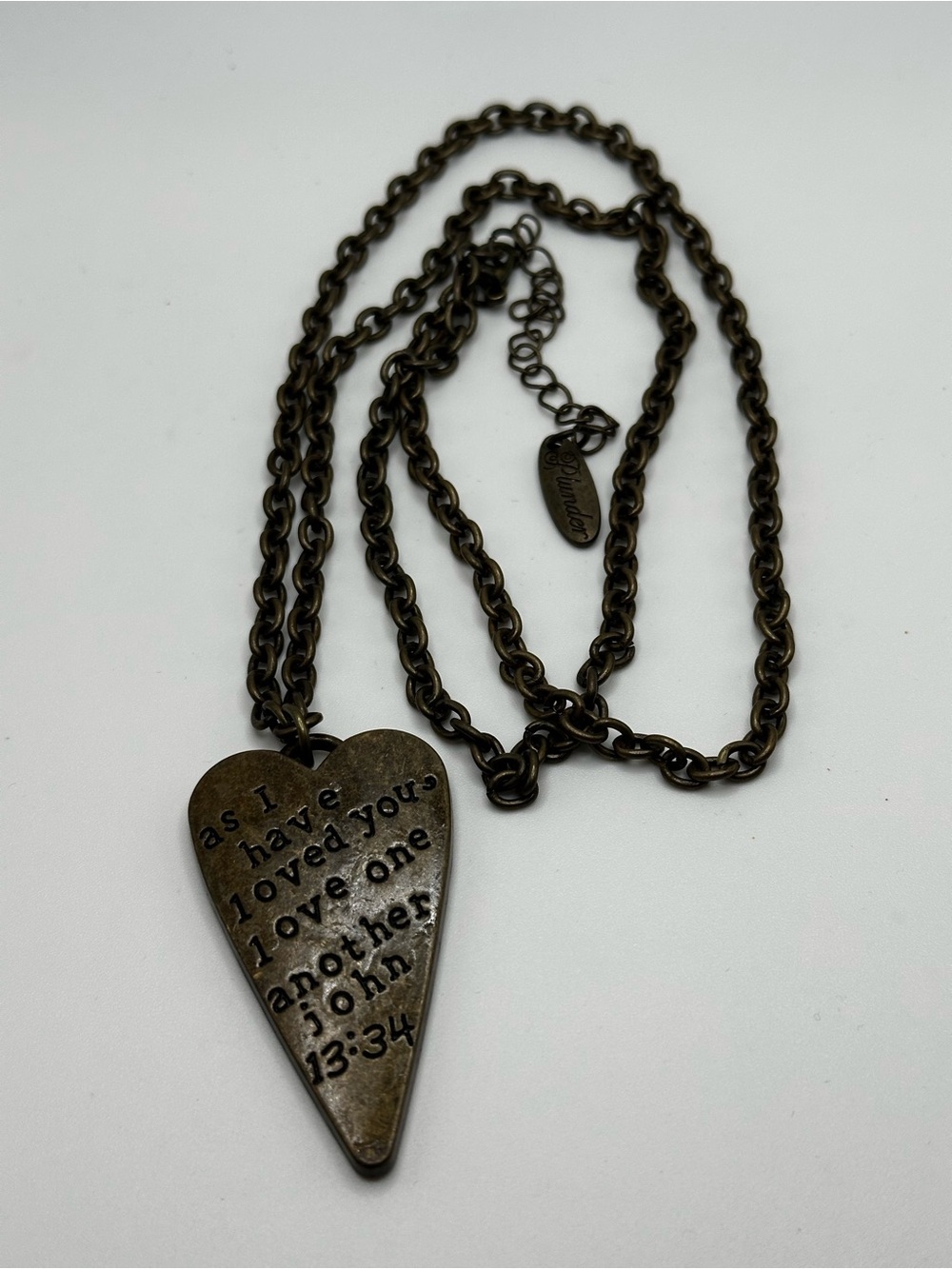 PLUNDER Antique Bronze Heart Long Pendant Necklace with Script John 13:34